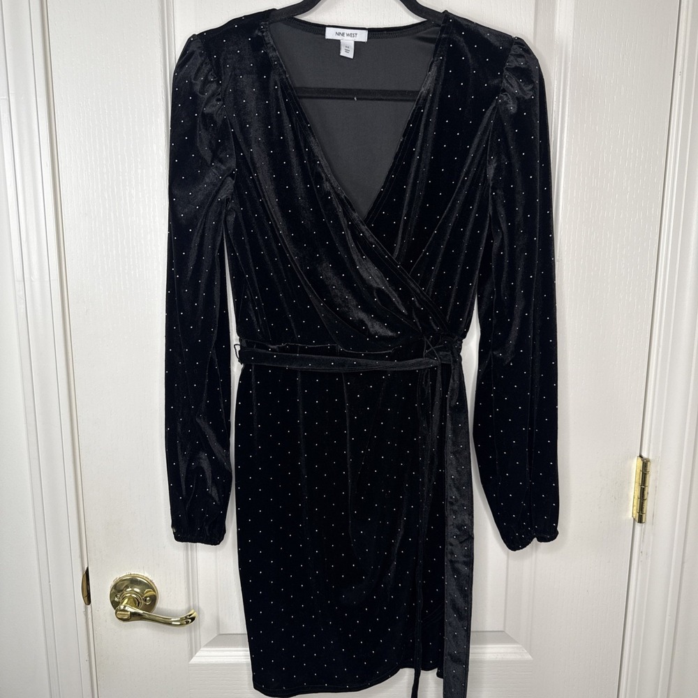 Nine West Womens M Black Velvet Studded Wrap Dress Puff Sleeve Tie Waist Holiday